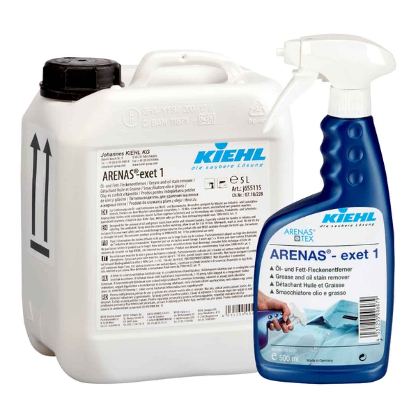 ARENAS-exet 1 500ml & 5L Σπρέι και δοχείο ARENAS-exet 1 της Kiehl, ισχυρό προϊόν απομάκρυνσης λεκέδων λαδιού και λίπους από ρούχα.